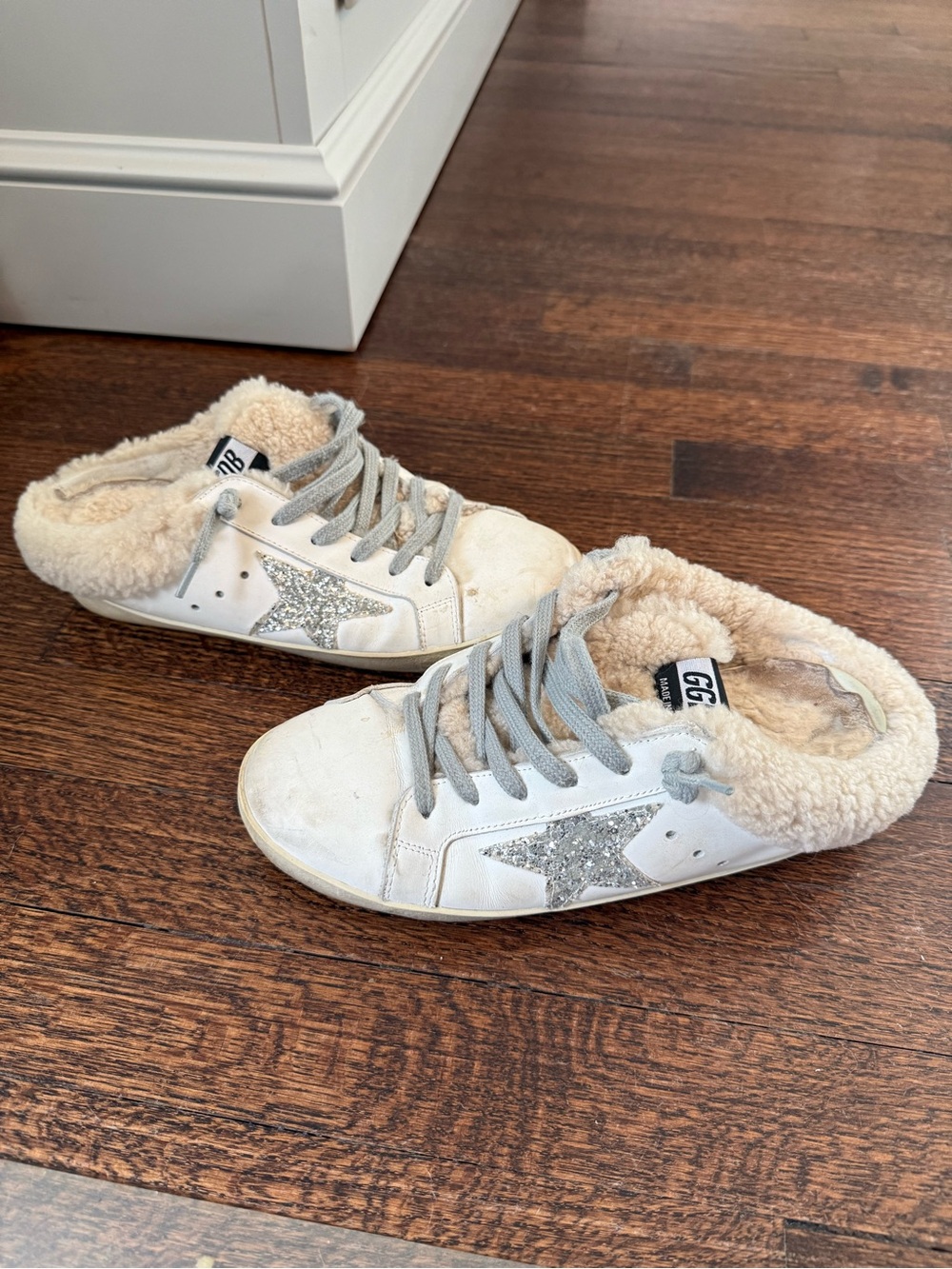 Golden Goose White Sneakers with Silver Glitter Star & Cream Shearling Trim